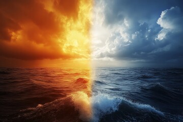 Contrasting weather patterns over ocean waters depicting dramatic atmospheric changes