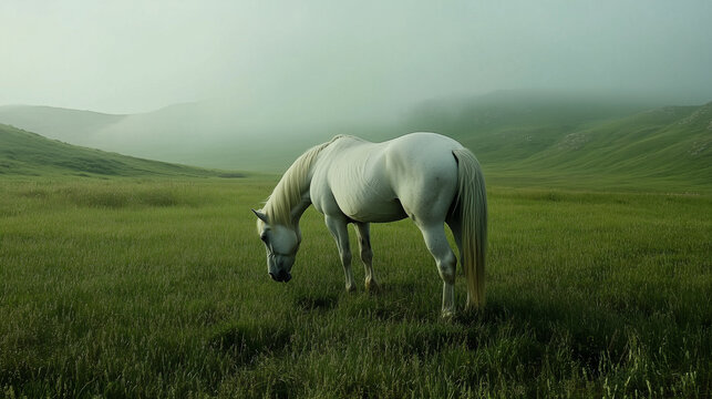 A white horse grazes in a green field - Powered by Adobe