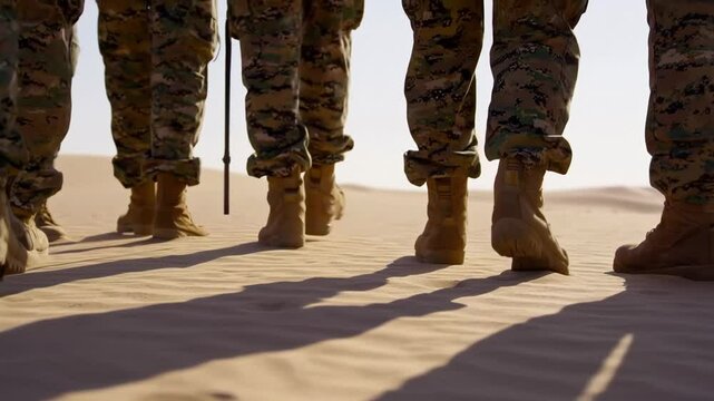 Close-up of soldier boots walking on sunlit desert sand leaving deep imprints. Concept of perseverance and duty