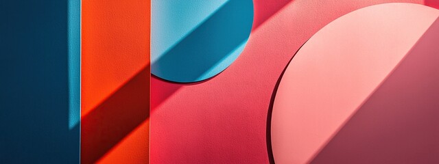 Layered geometric backdrops in bold contrasting tones create striking visual appeal