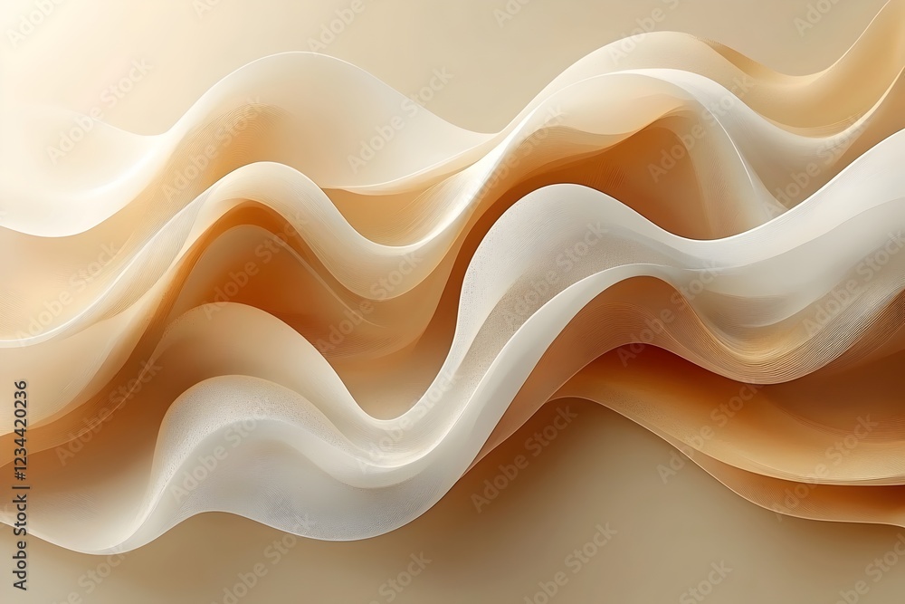 Poster an elegant abstract design featuring soft, flowing waves in muted shades of beige and white, creatin