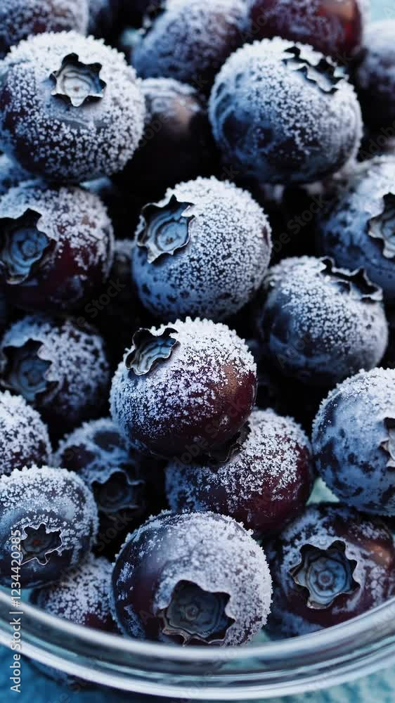 Poster a close-up focusing on the frosty edges of blueberries inside a clear container, revealing intricate