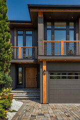 Modern Architectural Home Exterior Design: Contemporary House with Balcony and Stone Pathway