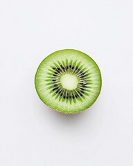 Single Kiwi Half with Green Flesh and Radial Seed Arrangement, Isolated on White Background