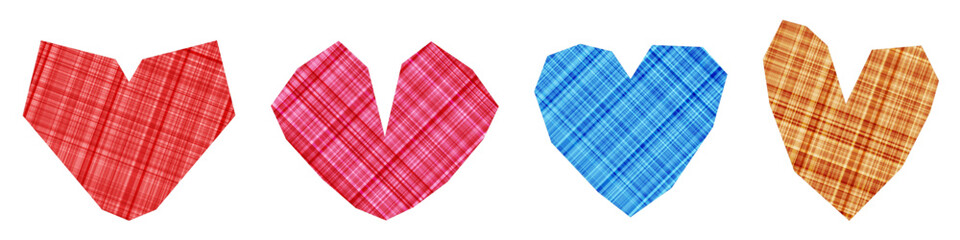 Set of geometric plaid-patterned hearts in red, pink, blue, and orange tones on a white background. Vector illustration.