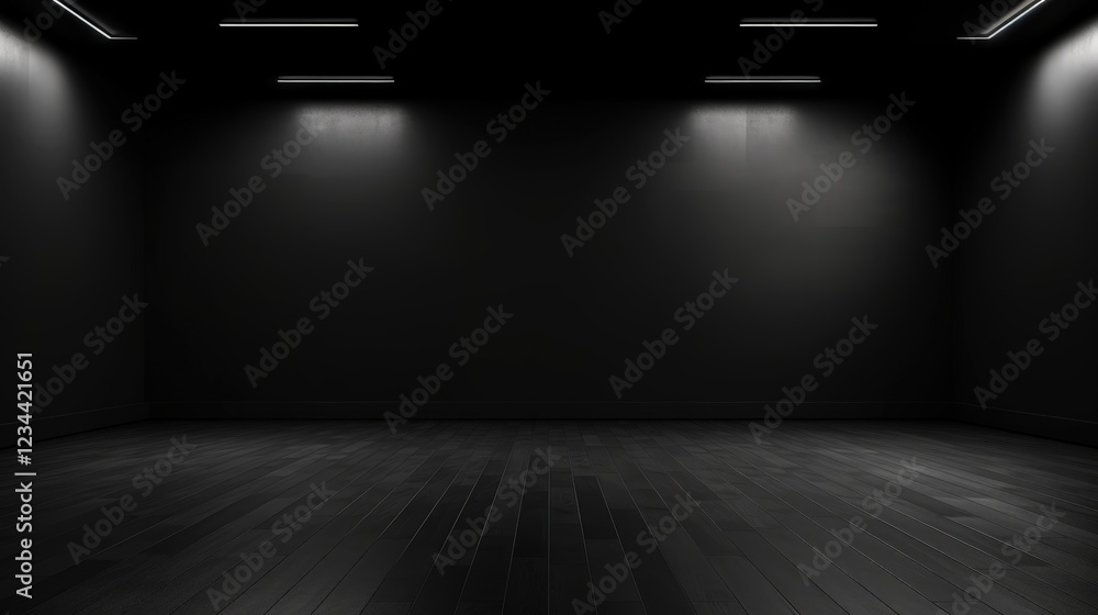Poster 3d render of an empty dark black wall background with subtle lighting and smooth floor ideal for pre