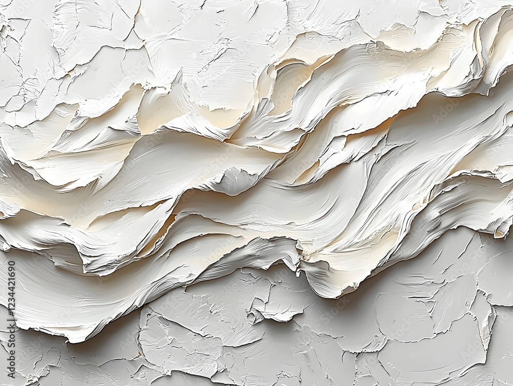 Poster a textured abstract artwork featuring layers of white and cream paint, creating a flowing wave-like 