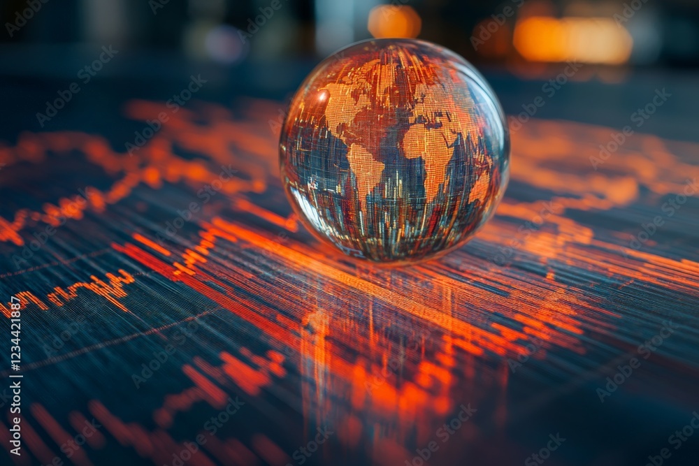 Fototapete Global financial trends represented by a globe on a vibrant data graph in a modern workspace filled with soft lighting