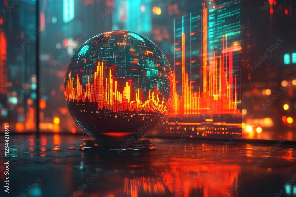 Aufkleber digital globe displaying financial data against a futuristic city background at night