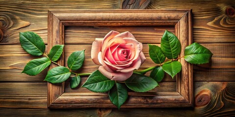 Fototapeta premium A beautiful rose flower with lush green leaves and a soft, velvety texture surrounded by a natural wooden frame , nature, vintage