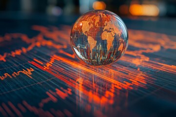 Global financial trends represented by a globe on a vibrant data graph in a modern workspace filled with soft lighting