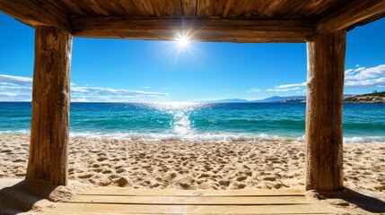 Sunny Beach View from Wooden Structure Coastal Paradise Photo Serene Environment Wide Angle Tranquil Moment