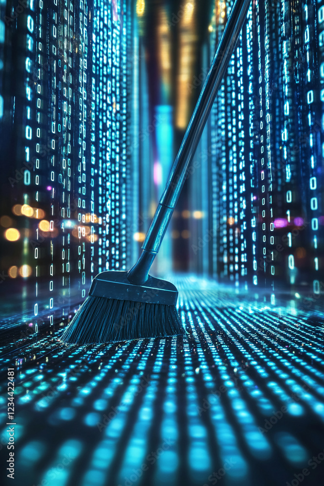Poster Close-up of a broom sweeping digital binary code, representing the concept of data cleaning, cyber security, and the management of digital information in a modern digital world.