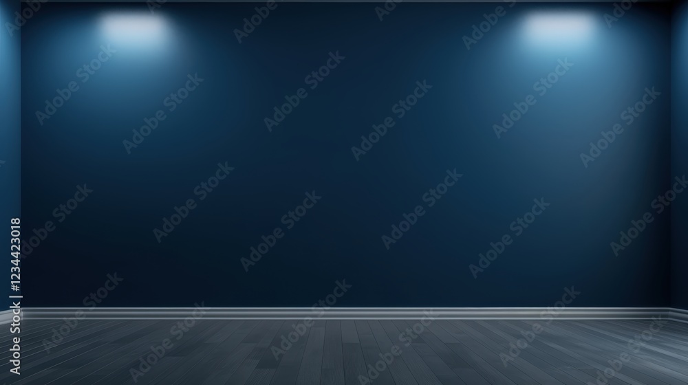 Poster 3d render of an empty dark blue wall background with soft lighting for modern interior design visual