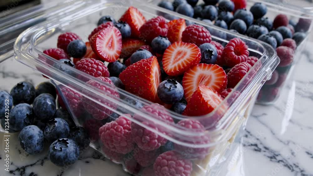 Poster A practical kitchen scene with multiple containers of neatly labeled frozen fruits—sliced bananas, mixed berries, and peaches—arranged on a countertop.