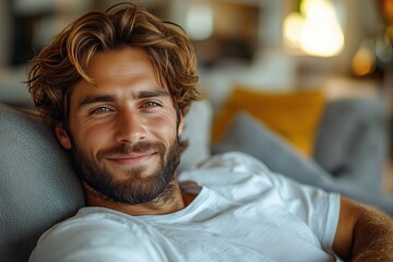 Fototapeta premium handsome man with beard and long hair relaxes on couch smiling gently comfort and contentment