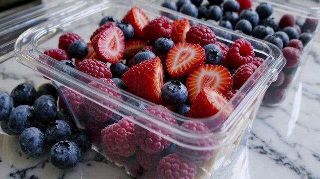 A practical kitchen scene with multiple containers of neatly labeled frozen fruits&mdash;sliced bananas, mixed berries, and peaches&mdash;arranged on a countertop.