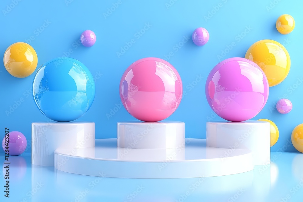 Poster Bright spherical shapes showcased on white pedestals against a colorful background in an artistic display