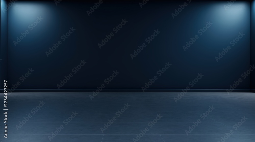Poster 3d render of an empty dark blue wall background with soft lighting and no objects present for design