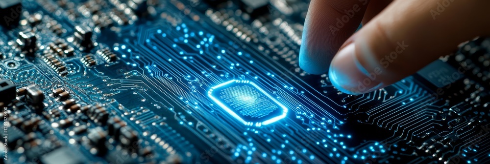 Poster close up of a finger pointing at a glowing microchip on a circuit board, technology concept