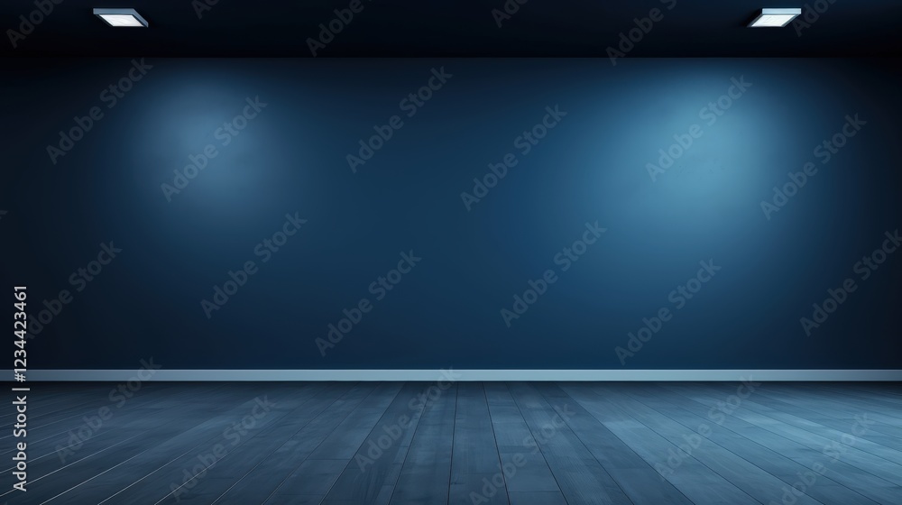 Poster 3d render of an empty dark blue wall background with soft lighting perfect for displaying art or pro