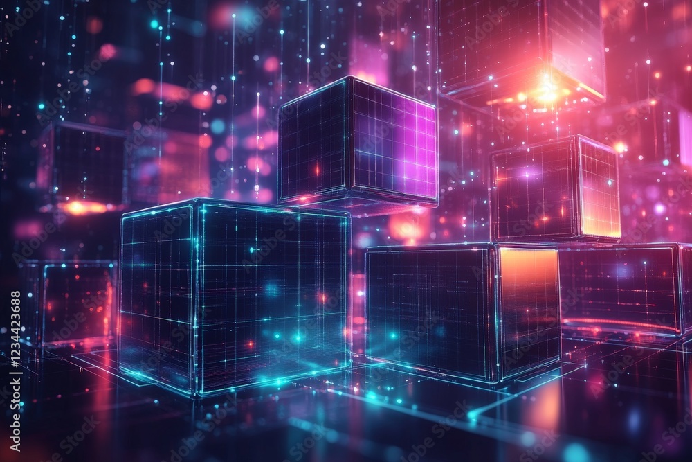 Poster colorful digital cubes create a vibrant three-dimensional environment with glowing lights and intric