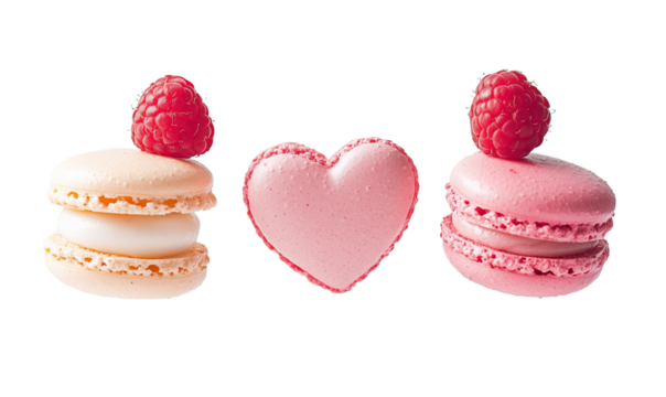 Delicious Raspberry Macarons and Heart Shaped Macaron Sweet Treats Bakery Dessert, Isolated on Transparent Background, Ai Generative Images - Powered by Adobe