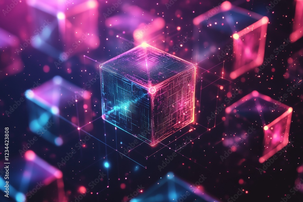 Leinwandbilder digital abstract representation of interconnected cubes in vibrant colors with glowing particles cre