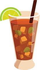 Long island iced tea cocktail is garnished with a lime wedge and served in a tall glass with ice cubes and a straw