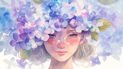 Naklejka premium 幻想的な紫陽花に囲まれた幸せな花嫁。優しい水彩タッチのイラスト。