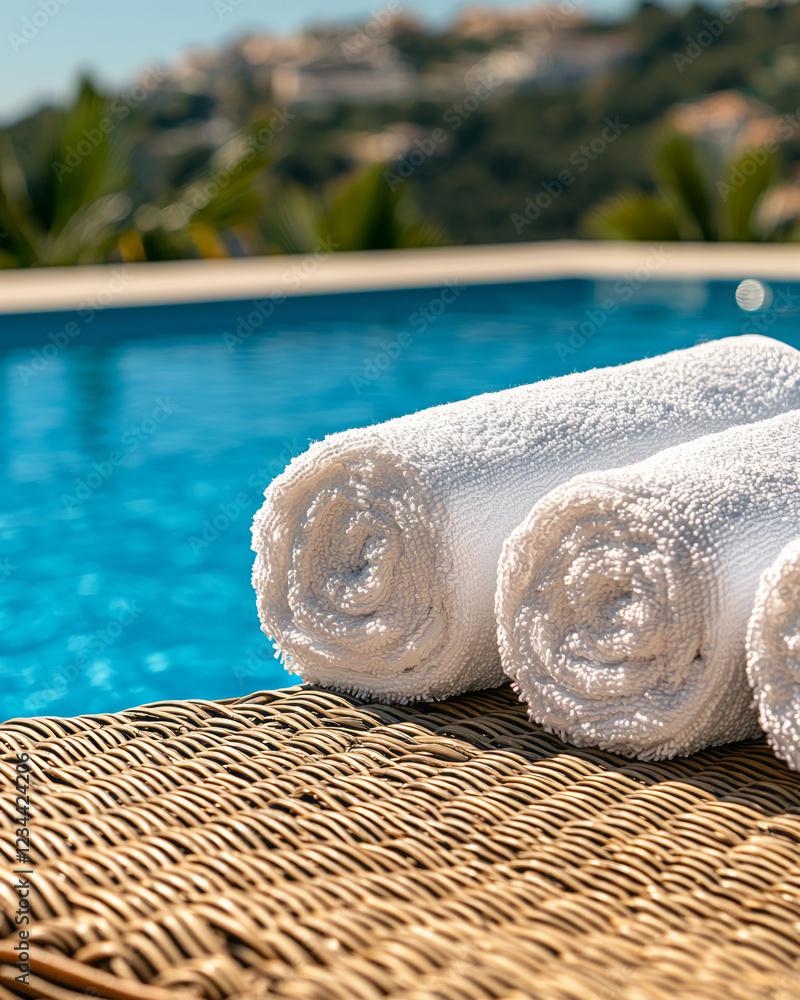 Poster a cinematic close-up focusing on neatly rolled towels placed on wicker loungers, while a tranquil bl
