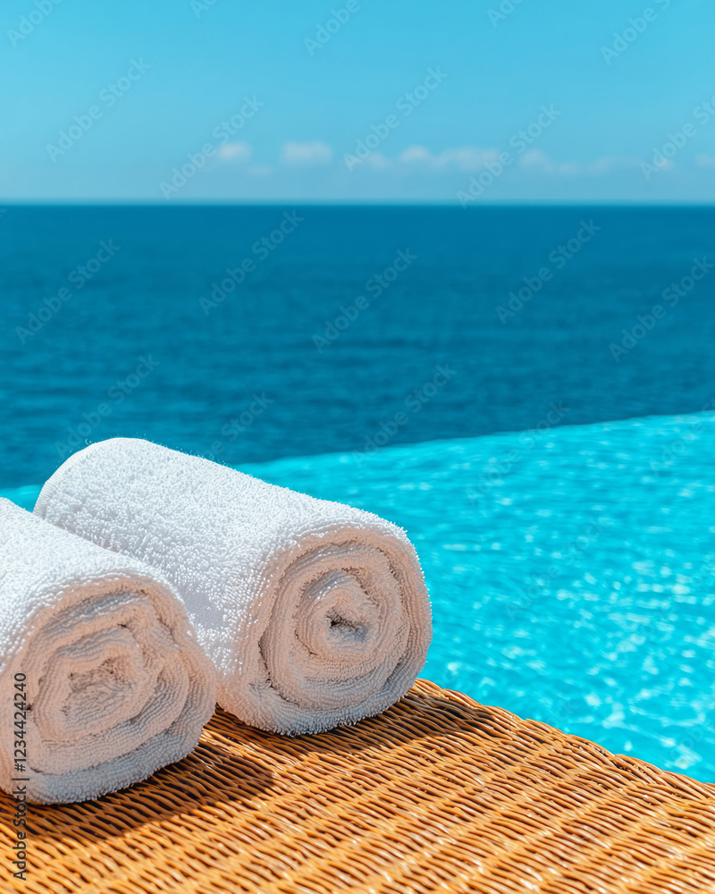 Poster a cinematic close-up focusing on neatly rolled towels placed on wicker loungers, while a tranquil bl