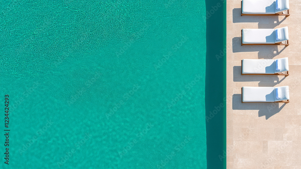 Aufkleber an elegant overhead angle showcasing multiple lounge chairs lined up along the poolâ€™s edge, each t
