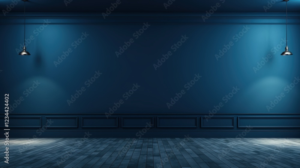 Poster 3d render of an empty dark blue wall background with subtle lighting and wooden floor ideal for use 