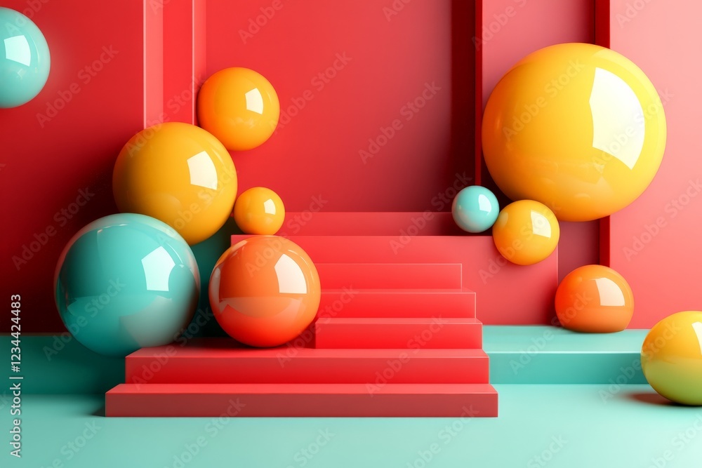 Leinwandbilder Colorful geometric shapes create a vibrant backdrop featuring steps and spheres of various sizes in a playful interior setting