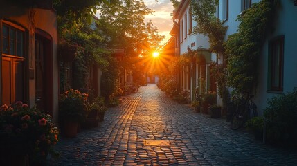 A sunset on a cobblestone street lined with white buildings and trees.