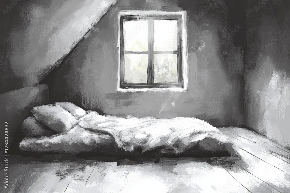 Poster Empty bedroom with a bed and window under soft light in a minimalist setting