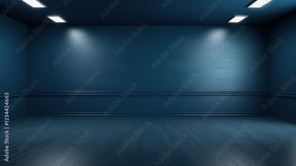 Poster 3d render of an empty dark blue wall background with ambient lighting and wooden floor for design pr