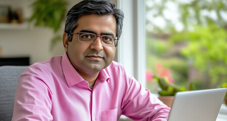 Naklejka premium Indian man sits desk working on laptop wearing pink shirt and glasses and looks directly at camera