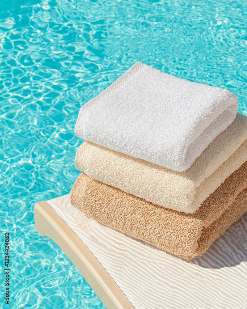 Aufkleber a cozy photograph of plush towels stacked on a lounger, rays of sun highlighting their softness whil