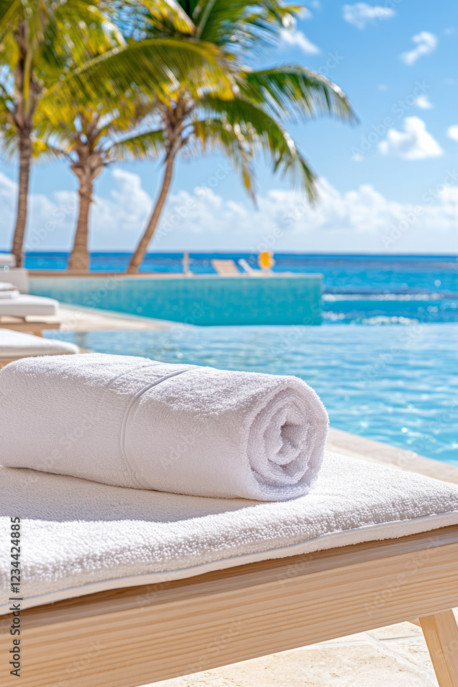 Poster a wide-angle scene capturing a row of poolside loungers facing the water, each adorned with a freshl