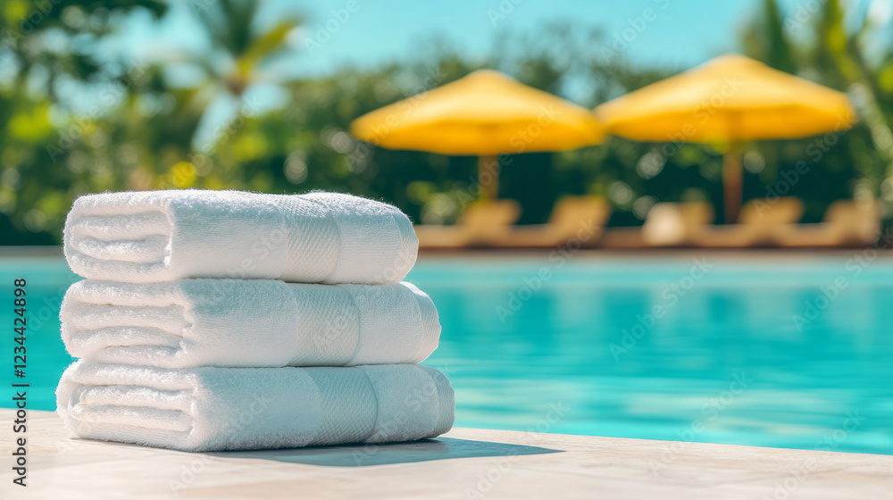 Poster a creative angle framing the towels in the foreground, while a modern resort pool area with sun umbr