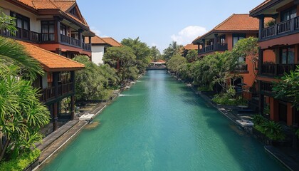 Obraz premium Tropical Resort Canal with Orange Roof Villas and Greenery