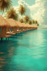Fototapeta premium Tropical Paradise Row Overwater Bungalows in Turquoise Ocean Island