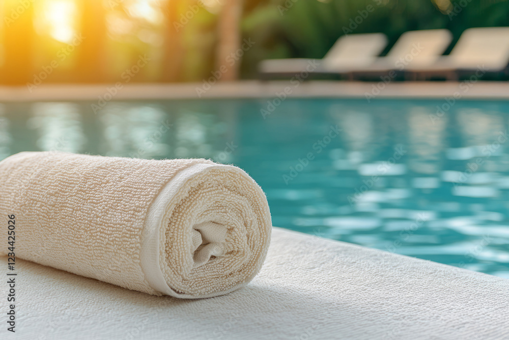 Poster A sharp focus on one sunbedâ€™s towel roll, with the rest of the pool and matching loungers softly fading into bokeh,
