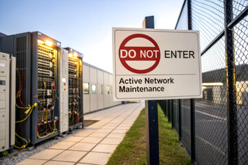 A caution sign indicating "Do Not Enter" in an area undergoing active network maintenance, surrounded by communication equipment and a fenced enclosure.