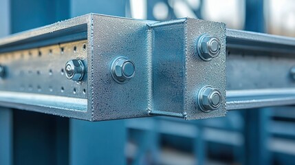 Galvanized steel beam joint with bolts at construction site
