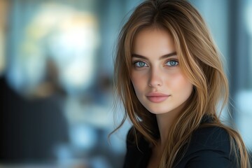 Obraz premium young woman with long light brown hair and blue eyes looks directly camera