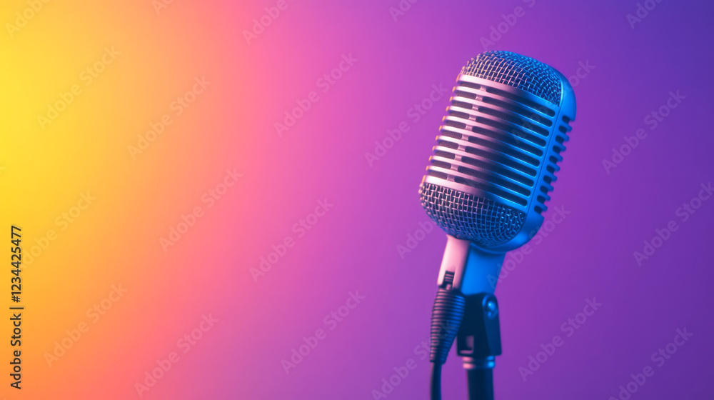 Poster A refined macro view of the microphoneâ€™s retro body, with the rest of the stage soaked in shifting purple and orange lighting as the band plays,