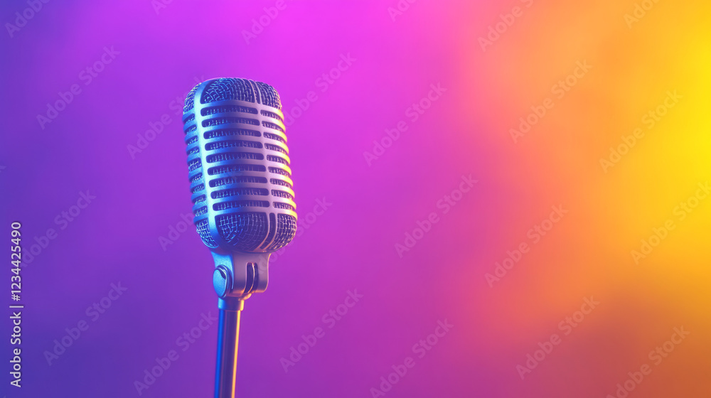 Poster A refined macro view of the microphoneâ€™s retro body, with the rest of the stage soaked in shifting purple and orange lighting as the band plays,